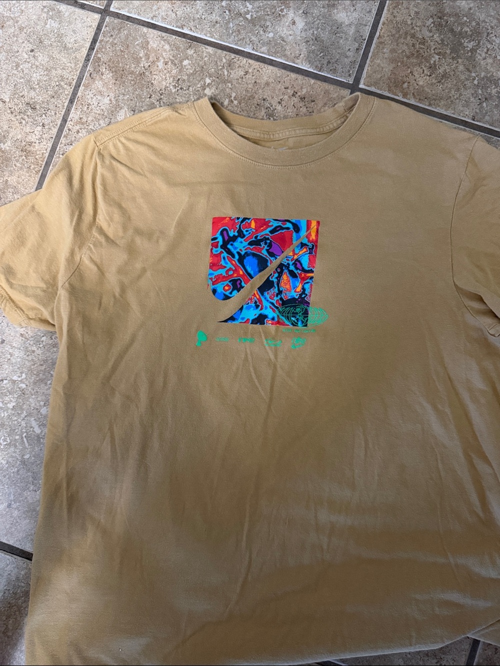 Nike Tan Short-Sleeve Tee with Multicolor Swoosh Graphic